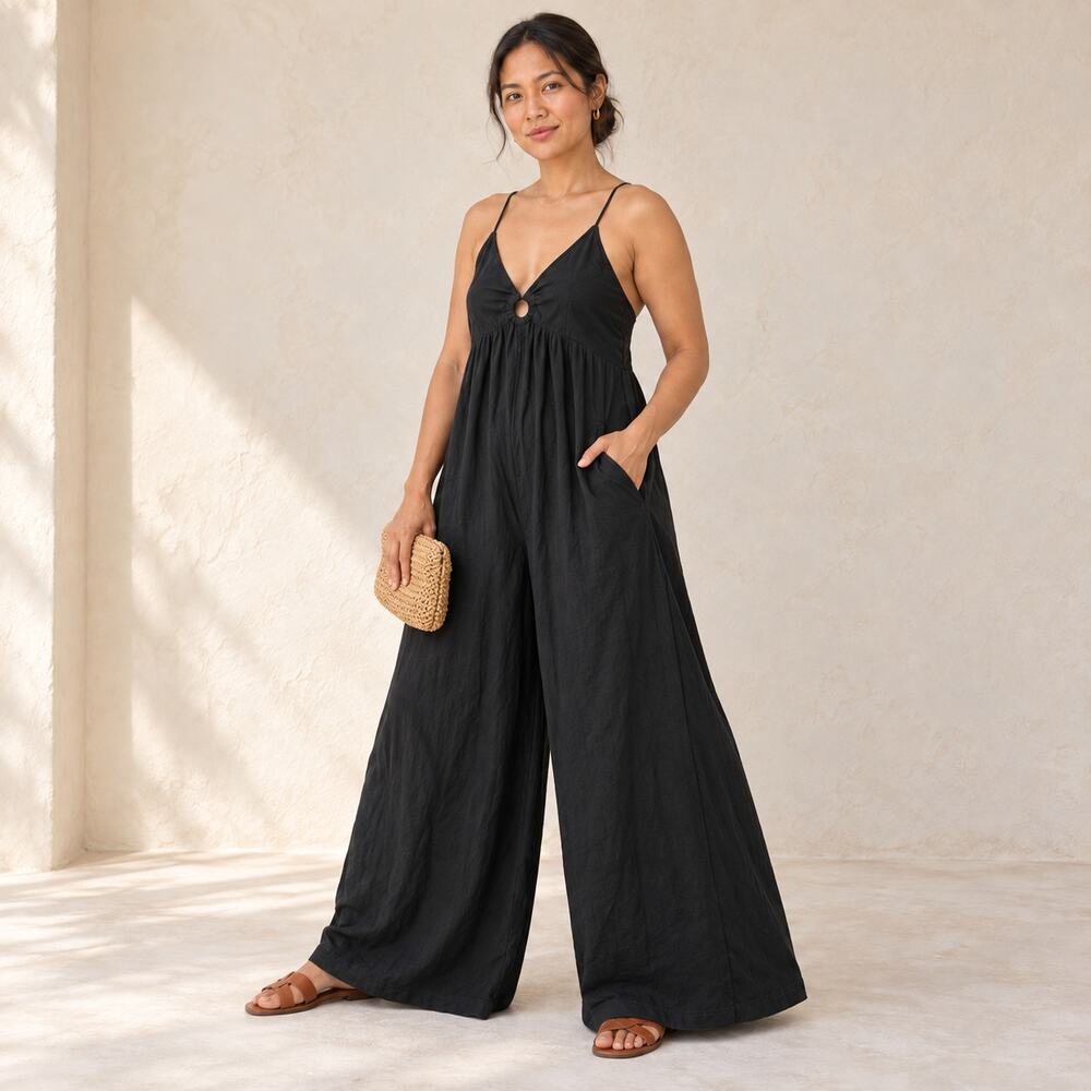 Madewell Jumpsuit WMNS S Black Wide Leg Cutout Open Back Linen Blend Resort Y2K